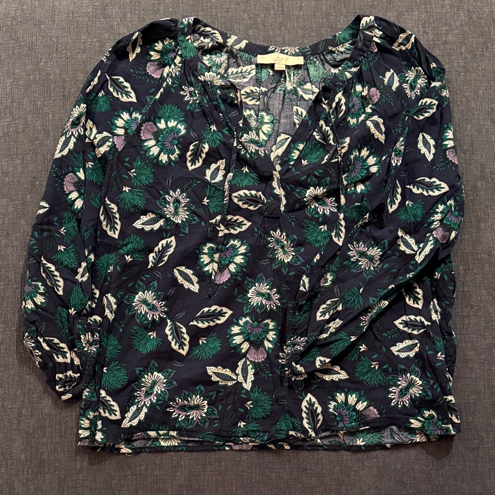 LOFT Dark Floral Blouse - Green and White